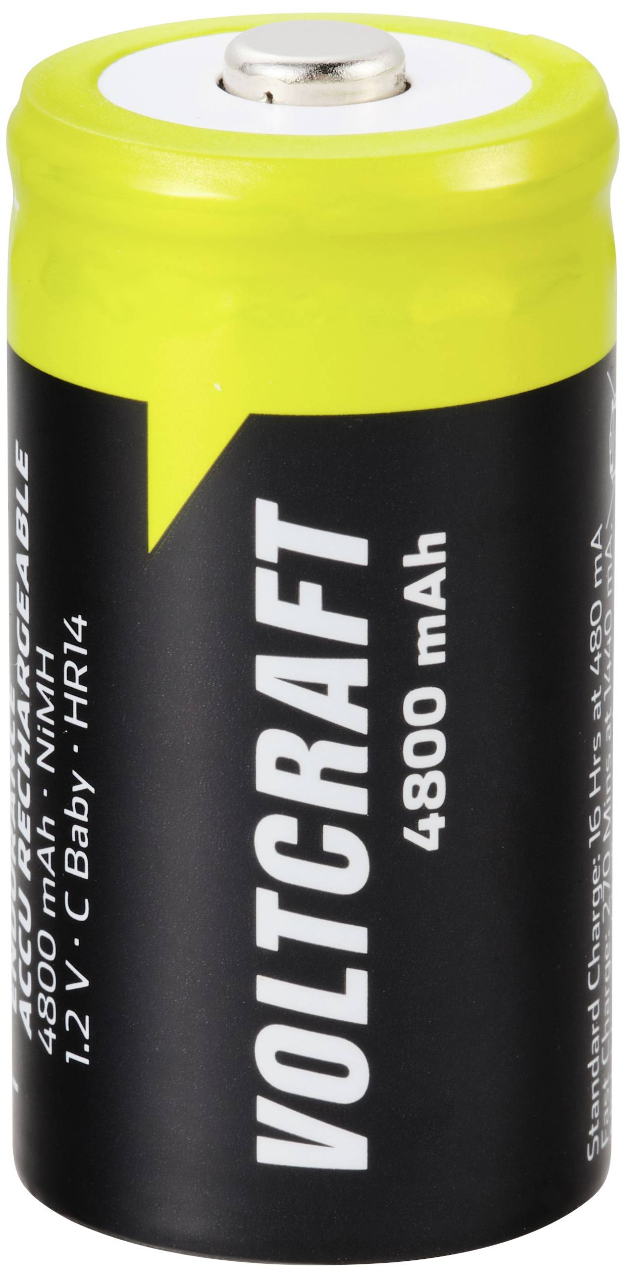 Et genopladeligt VOLTCRAFT batteri, type C Baby, NiMH, med 4800 mAh og 1,2 V, foran hvid baggrund.