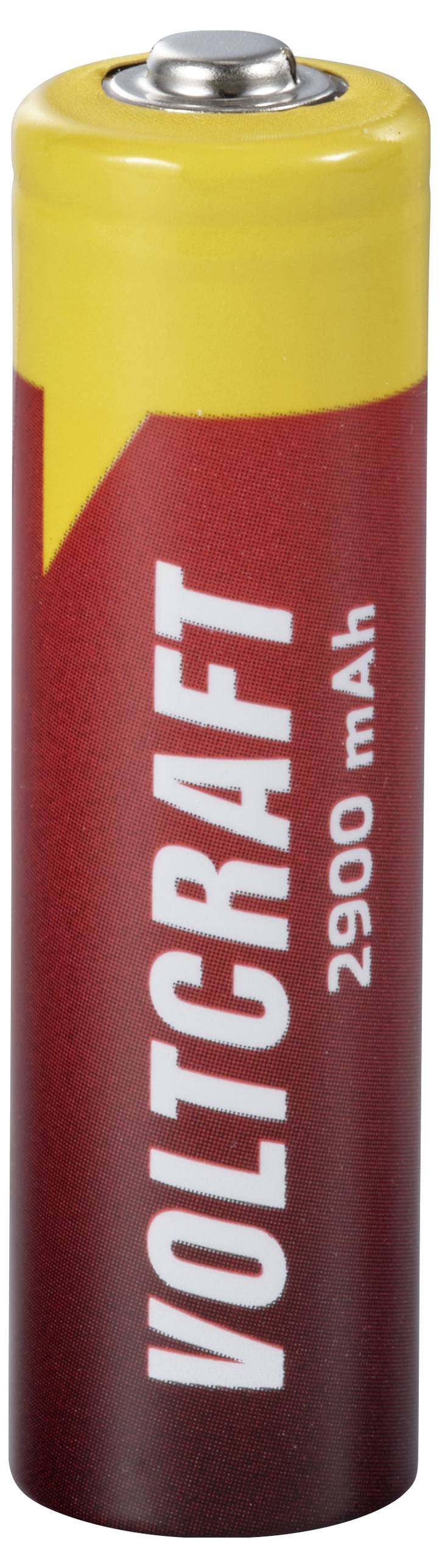 Et rødt og gult AA-batteri fra mærket Voltcraft med en kapacitet på 2900 mAh.