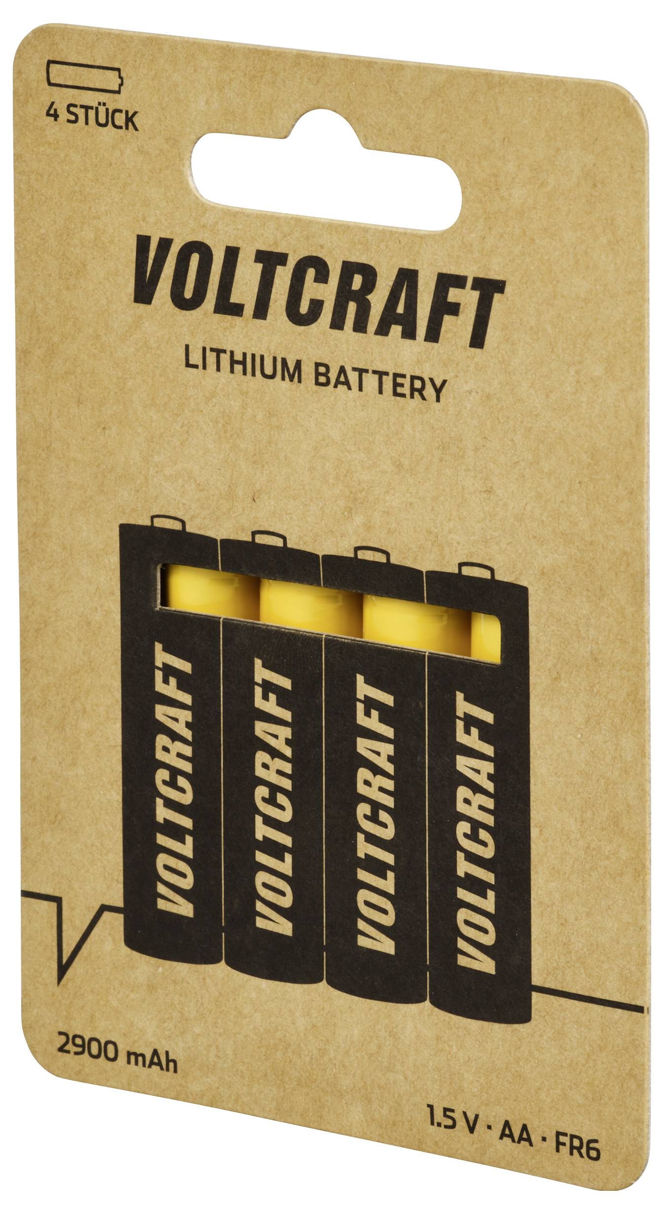 Emballage til 'Voltcraft Lithium Batteri', indeholder 4 stk. AA-batterier med 1,5 V og en kapacitet på 2900 mAh.