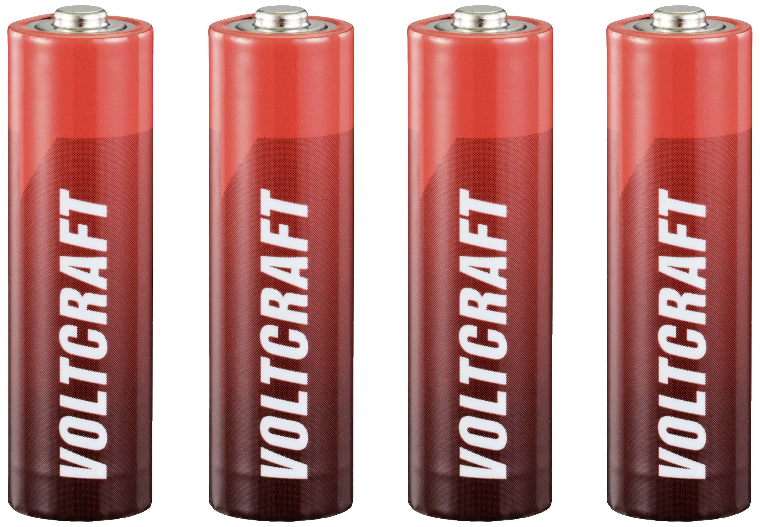 Fire røde Voltcraft-batterier lagt i en række.