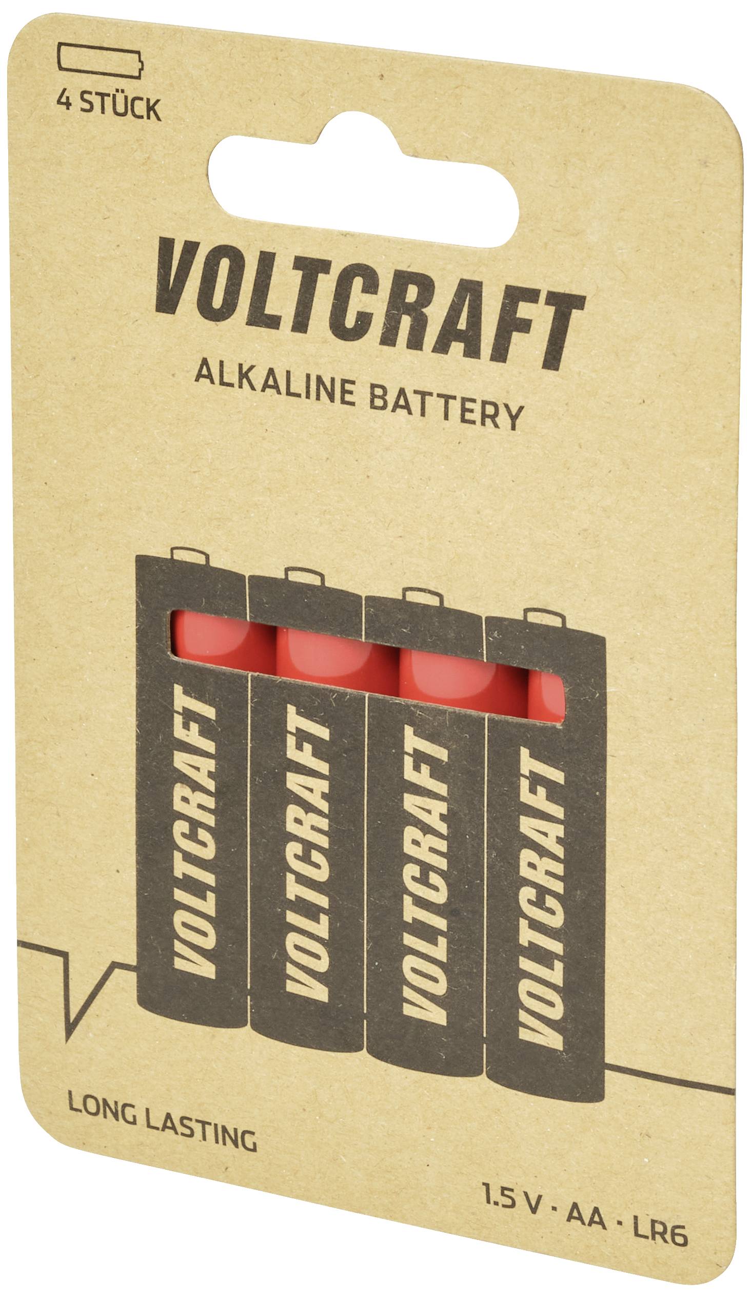 Pakke med fire Voltcraft alkaliske batterier, type AA, 1,5 V. Kartonemballage med vindue, holdbare batterier.
