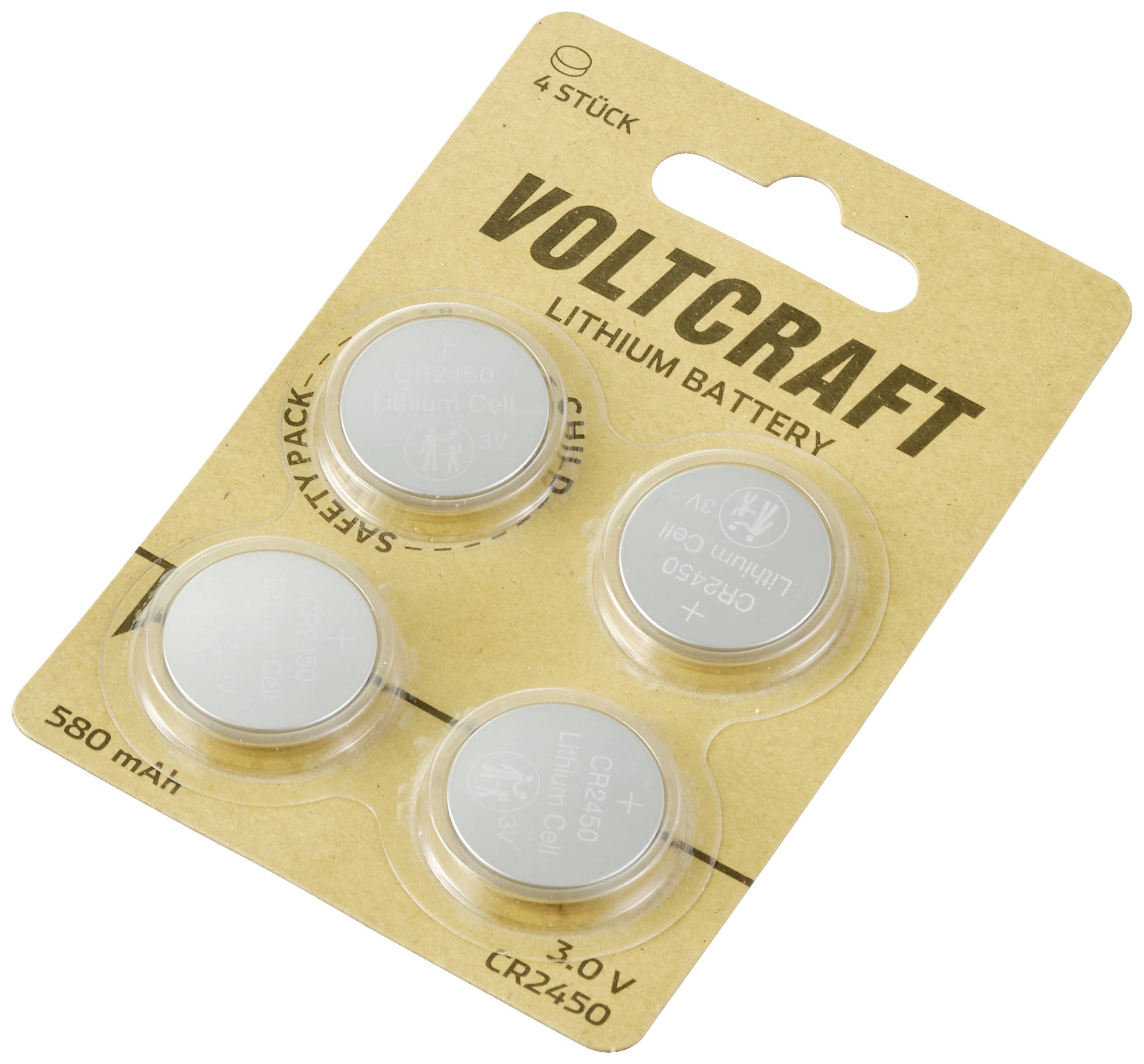 Fire CR2450 lithium-batterier fra VOLTCRAFT i en papæske, 3,0V, 580mAh, egnet til elektroniske enheder.