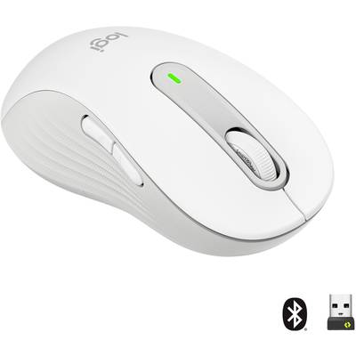 Trådløs hvid computermuse med en knap og scrollehjul øverst. Bluetooth- og USB-dongle-symboler nederst til højre.