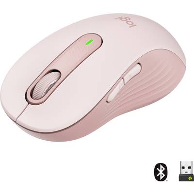 Rosa trådløs computermuse med scrollhjul og sideknapper. Symbol for Bluetooth-forbindelse og USB-modtager vist.