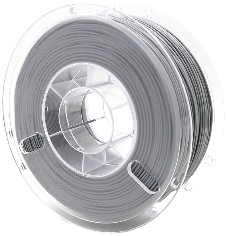 En spole med gråt 3D-printer-filament, der er viklet op på en transparent plastikbase, foran en hvid baggrund.