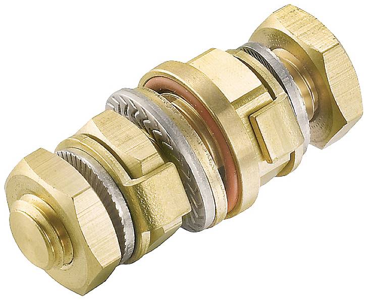 Messingkabel-forskruning med gummitætning, møtrikker og skiver. Bruges til tætning og fastgørelse af kabler.