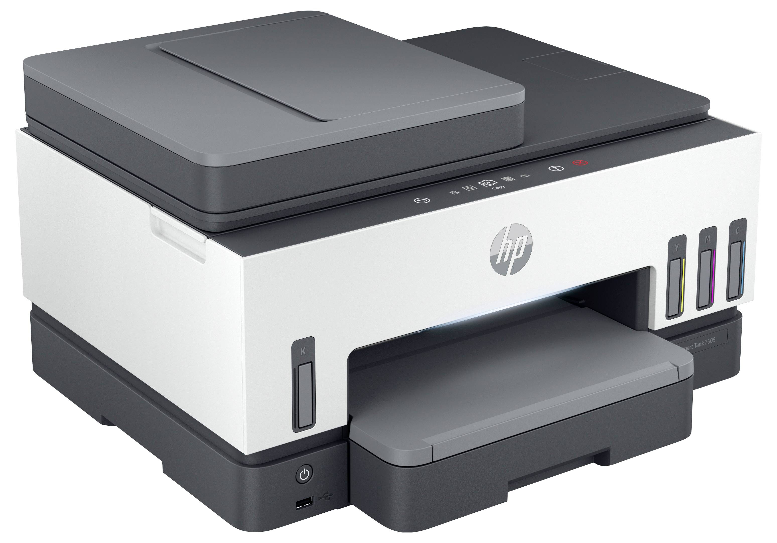 HP alt-i-en printer med scannerlåg, frontpapirkassette og synlige blækbeholdervinduer på højre side.