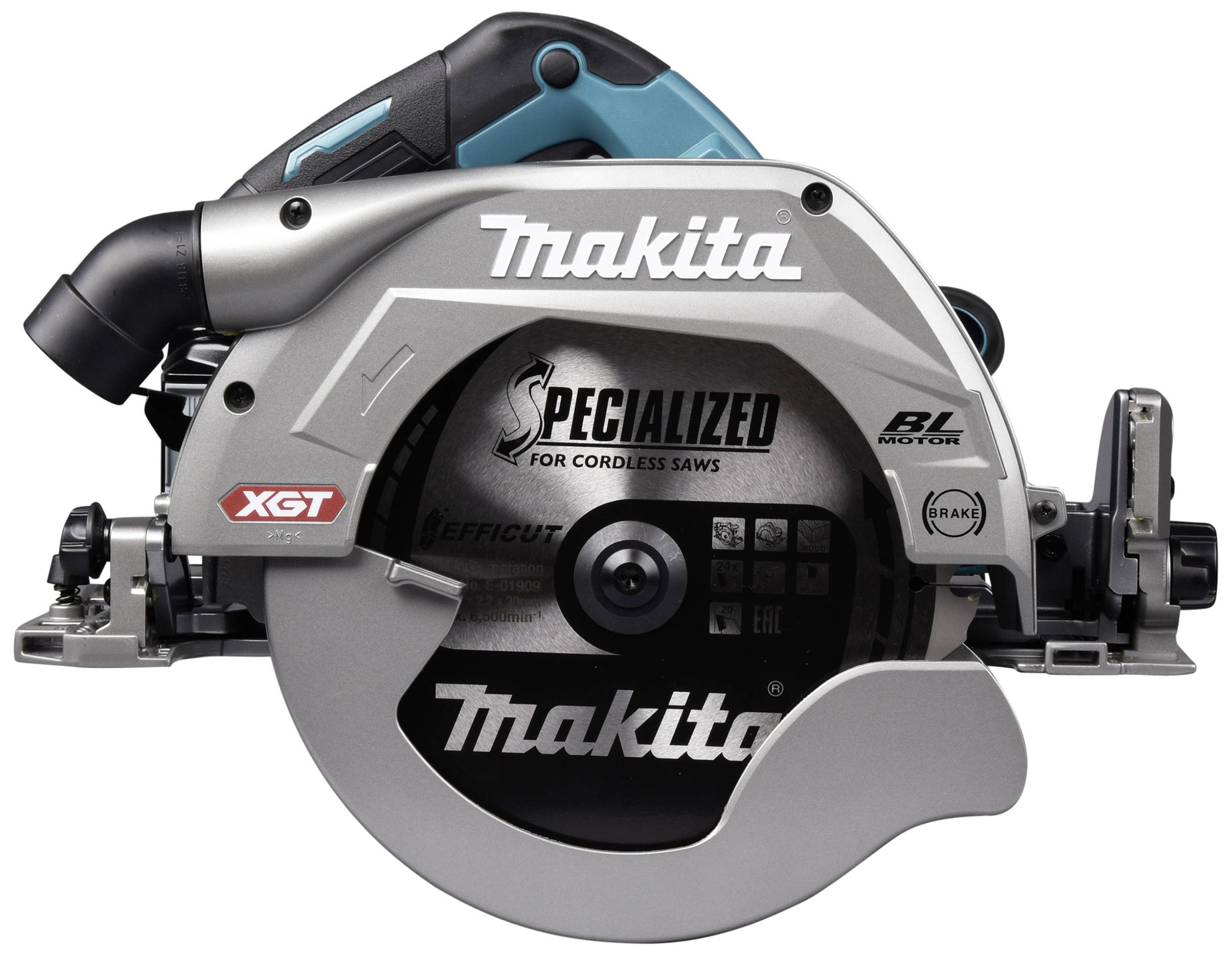 Batteridrevet håndrundsav i gråblå design, mærket med påskriften 'Makita' og 'Specialized for Cordless Saws'.