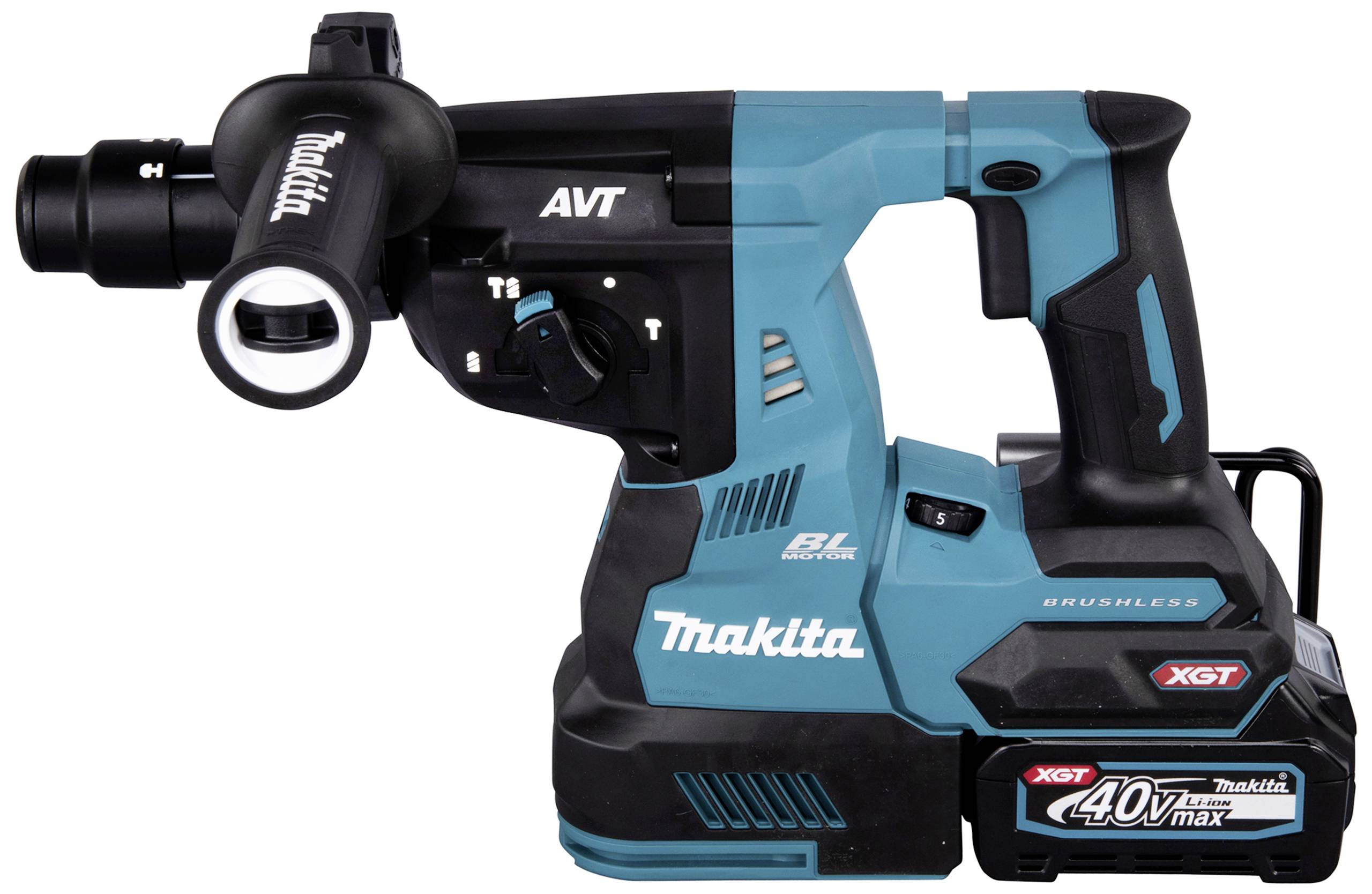 Makita akku-borehammer i blå og sort, XGT-model med 40V max batteri. Inkluderer sidehåndtag og betjeningsenheder.