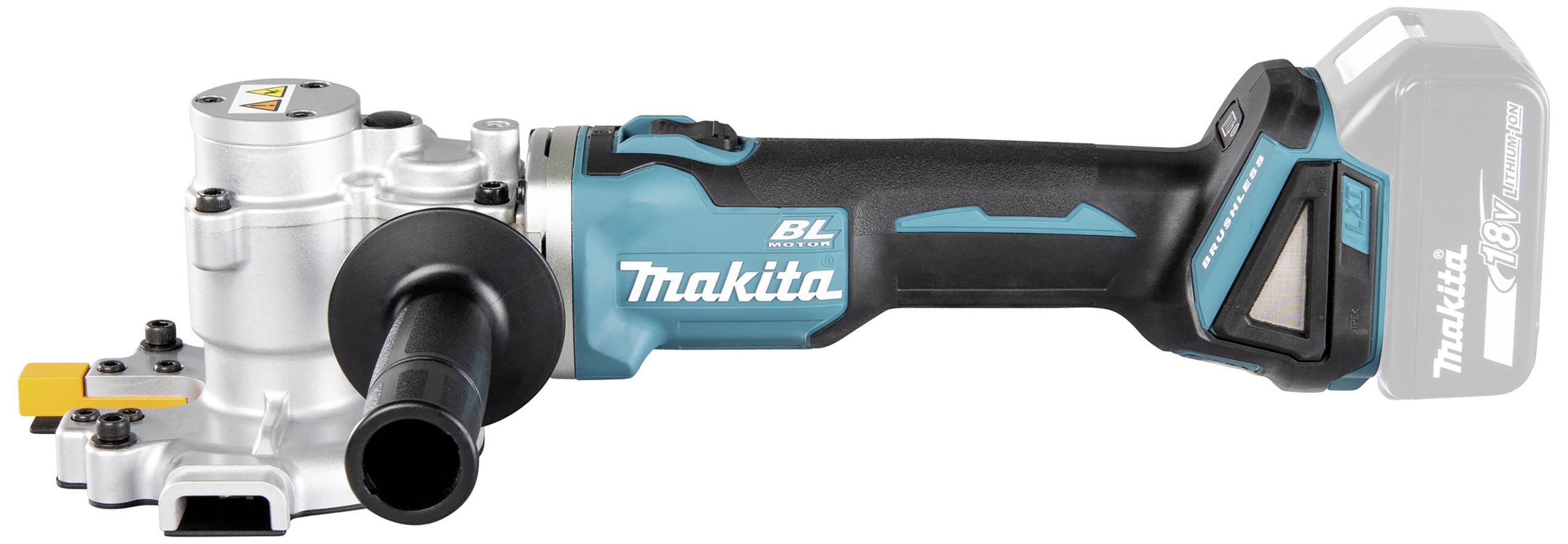 Vinkelsliber med blåt og sort design, sidegreb, uden monteret batteri, mærke Makita, model XAG04.
