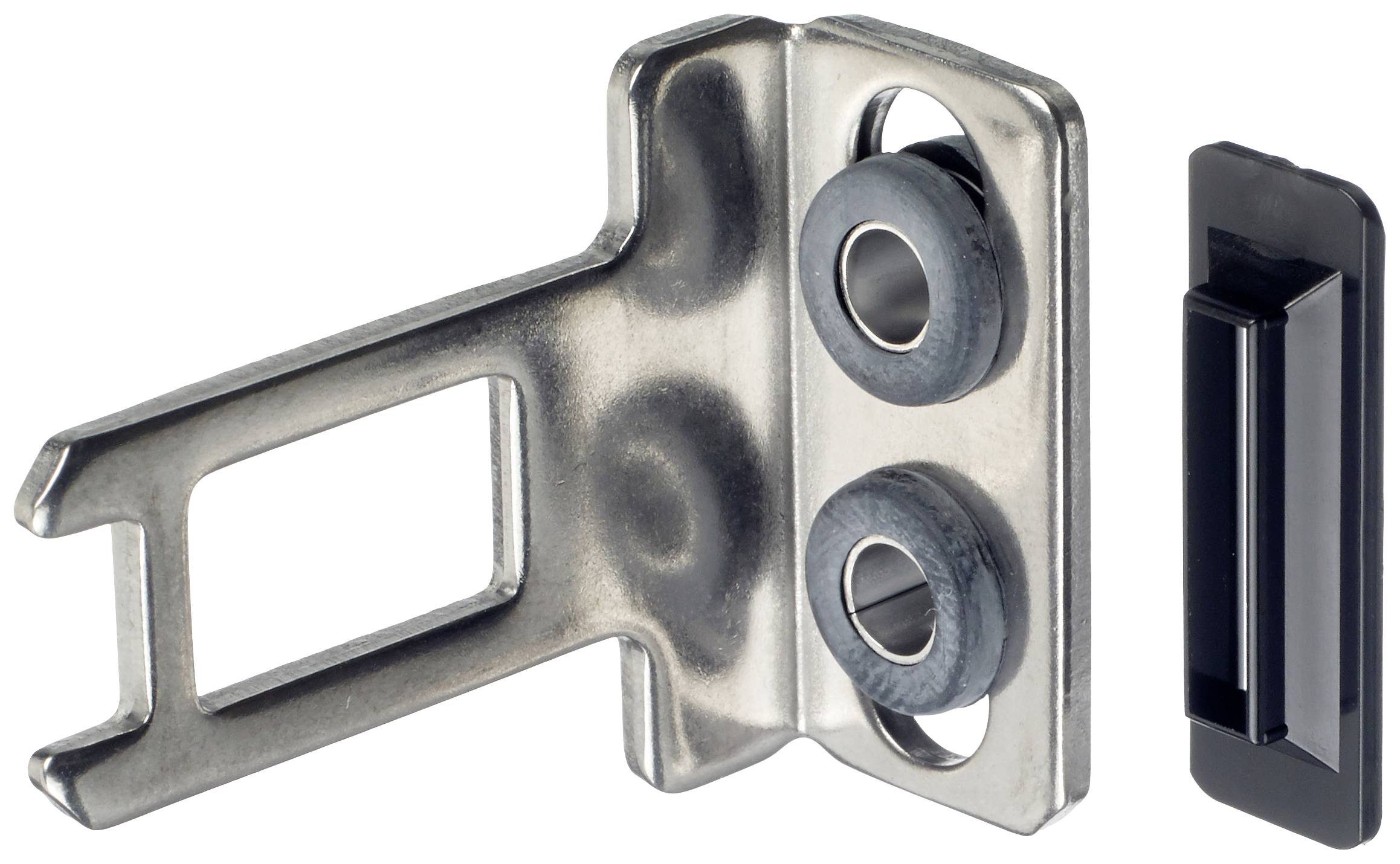 Metalclips med to gummiringe og en sort plastikdel ved siden af.