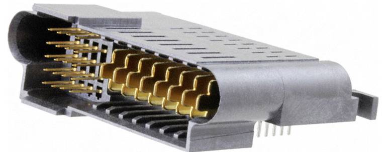 Nærbillede af en sort SATA-stik med guldbelagte stifter, der bruges i computerhardware til at forbinde lagerenheder til moderkortet.