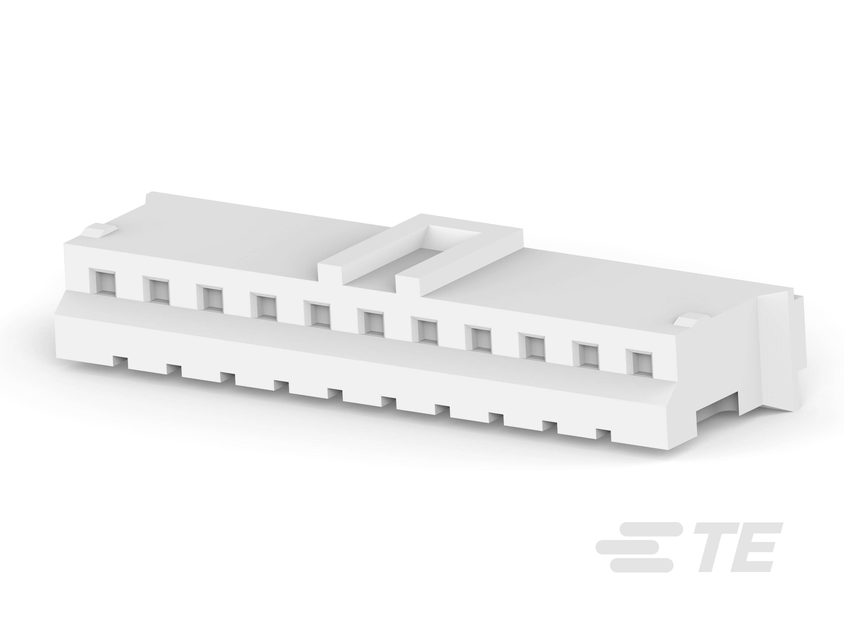 En rektangulær, hvid elektrisk stikforbinder med flere tilslutninger, der bruges til at forbinde elektroniske komponenter.