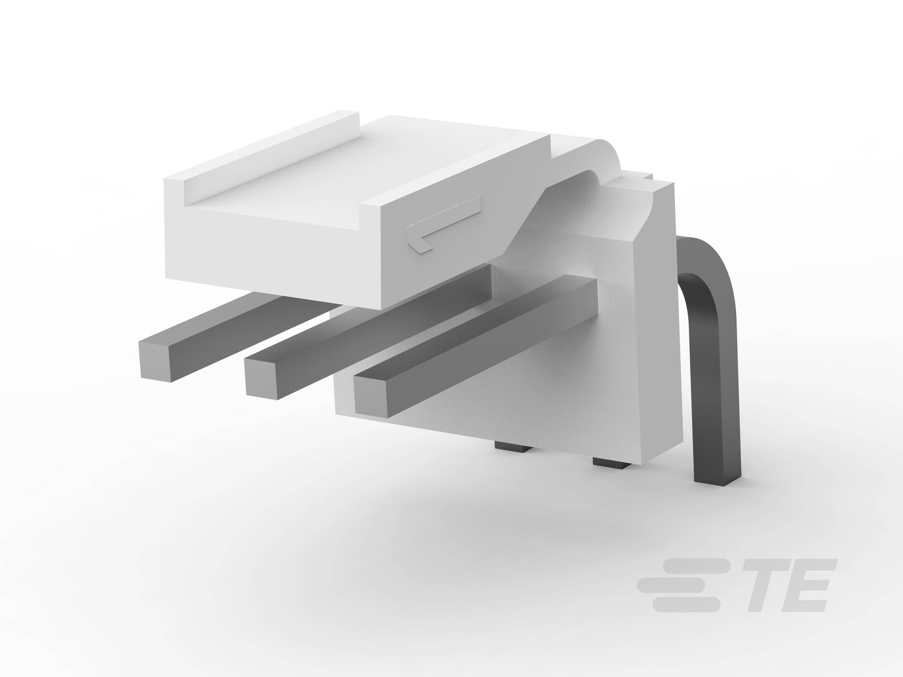 En hvid, retvinklet elektronisk stikforbinder med tre metalben, egnet til printpladekoblinger.