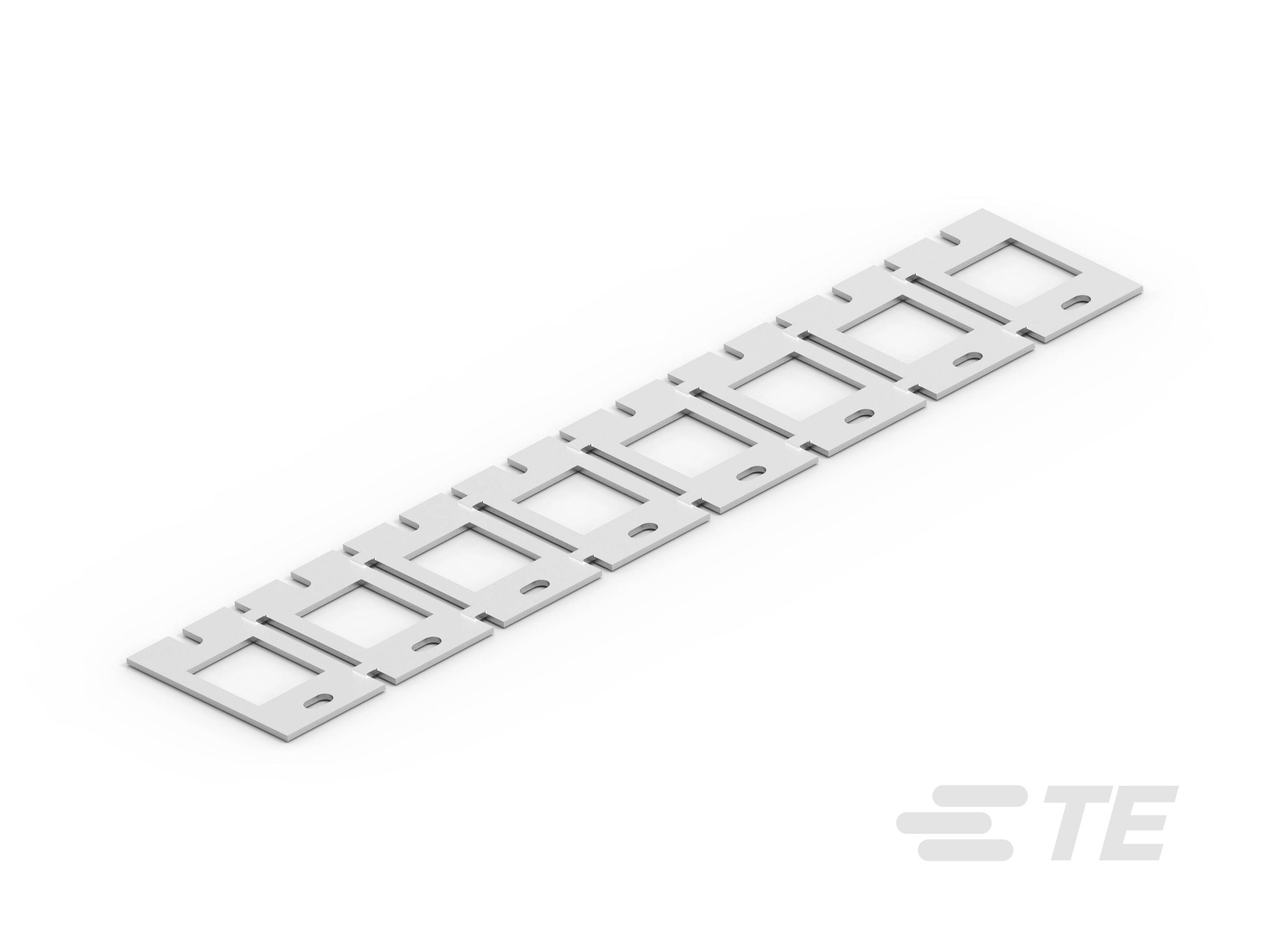 En metallplade med flere rektangulære åbninger til præcis placering, egnet til elektroniske applikationer.