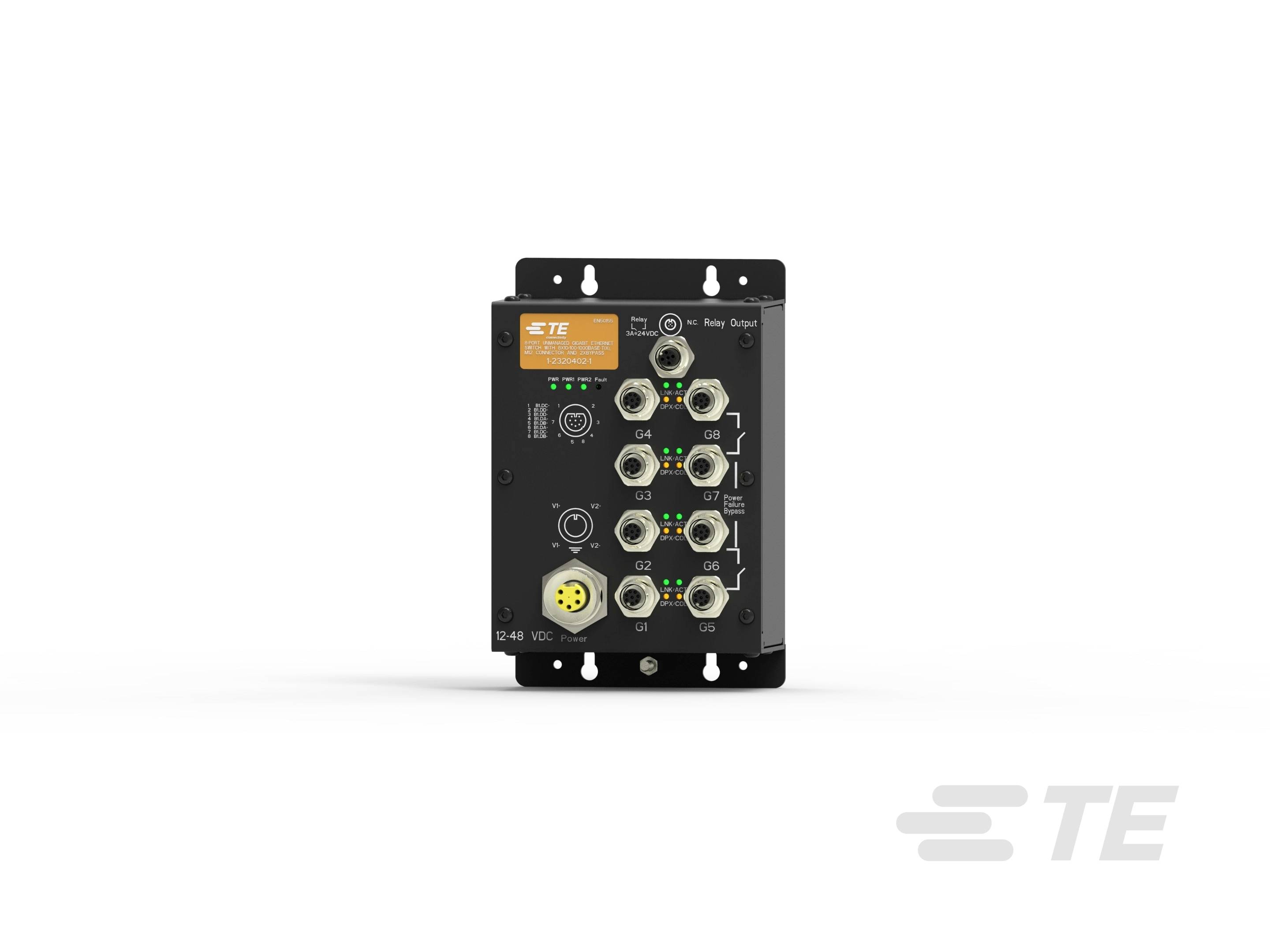 Industriel Ethernet-switch med flere porte og statuslamper, monterbar.