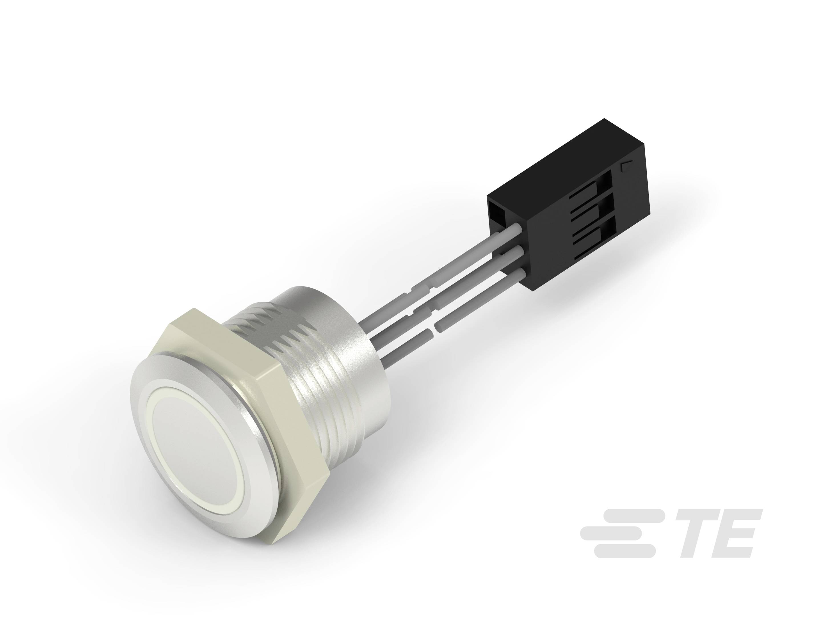 Rund metalknap med LED-ring og sort stikforbindelse, egnet til elektroniske enheder.