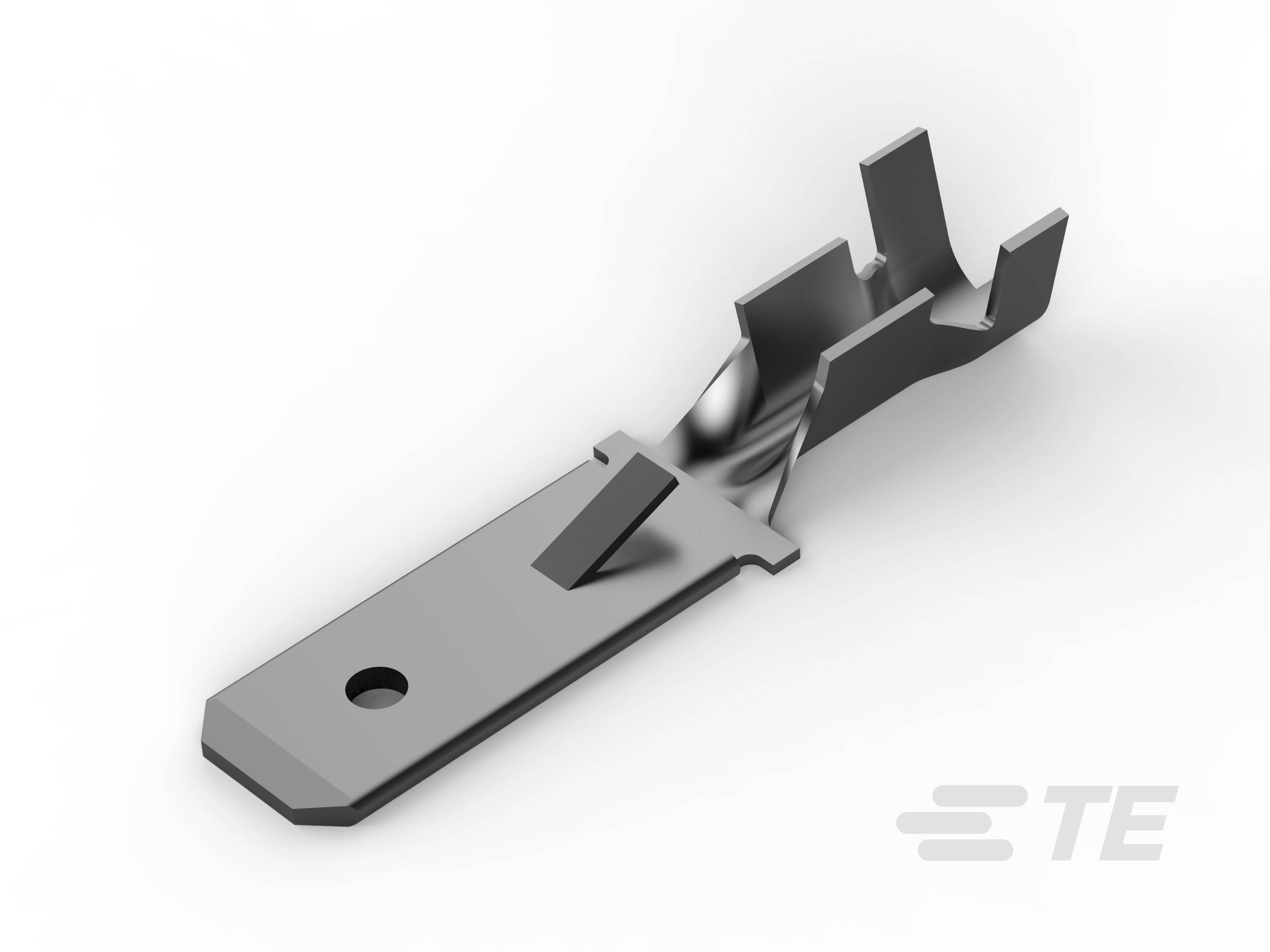 Metallisk elektrisk stik med flad base og buede klemmer, bruges til at forbinde kabler i elektriske apparater.