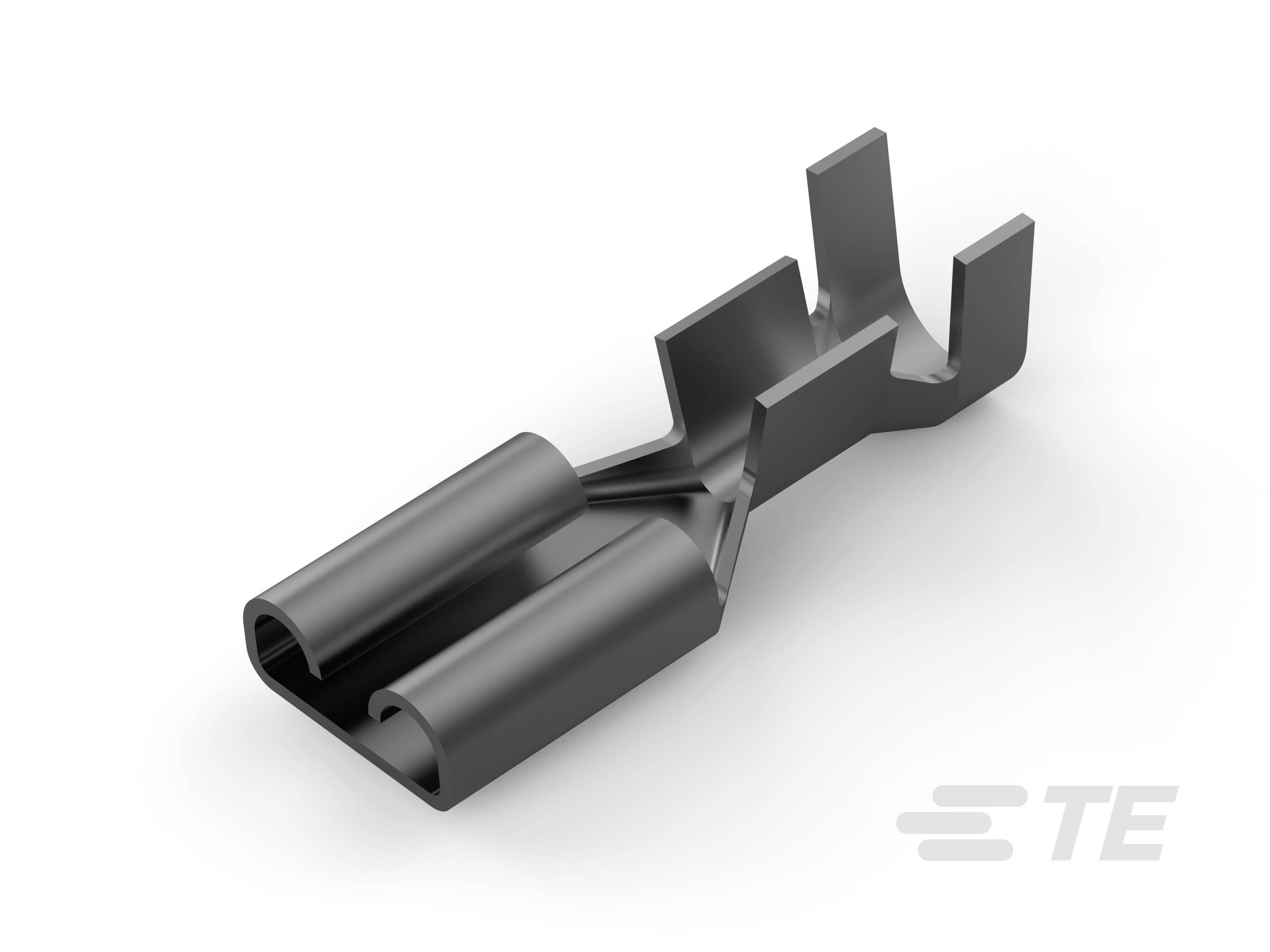Grå, metallisk elektrisk stikforbinder, bestående af to rørformede ender og to sideklammer.