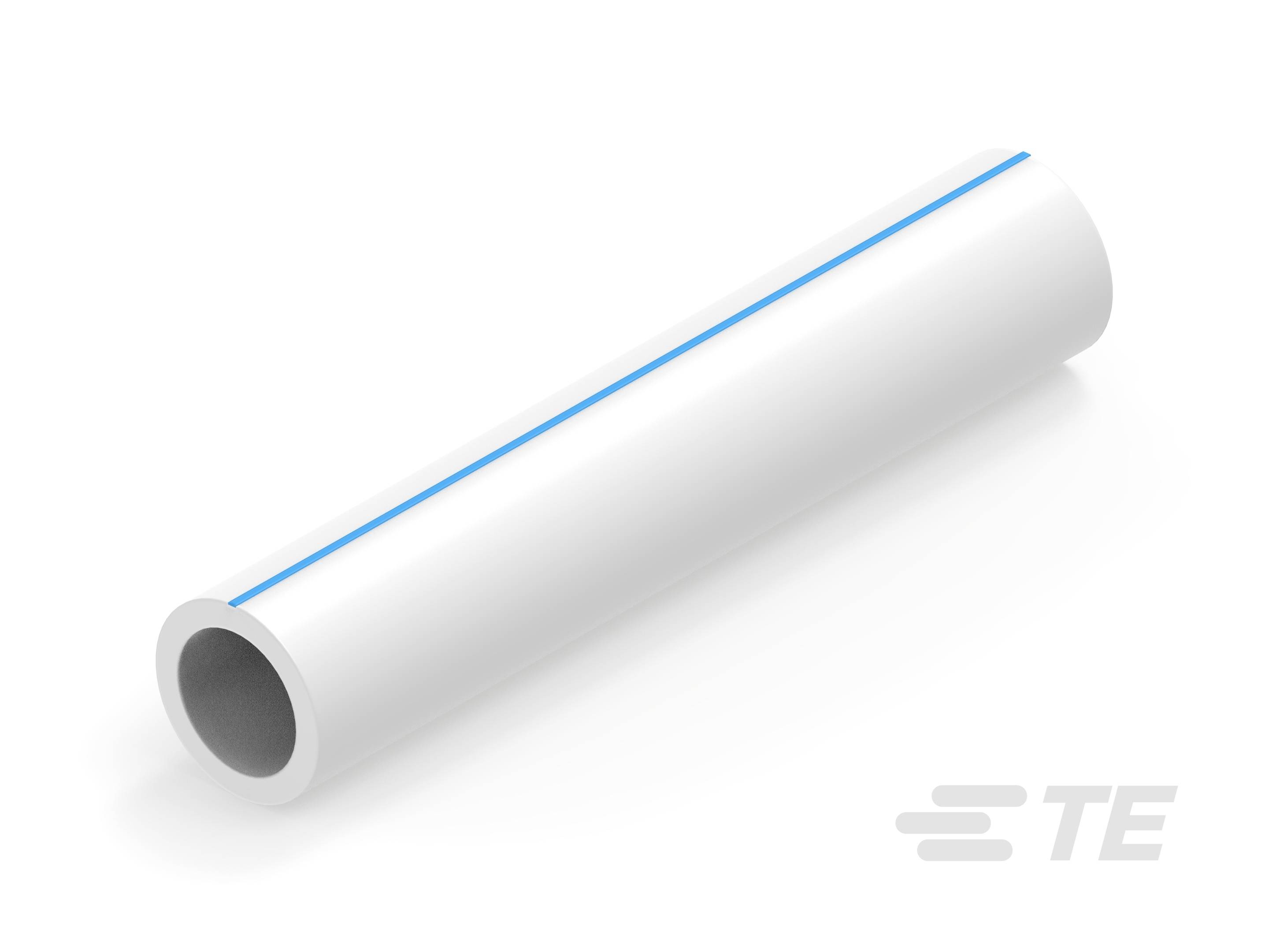 Hvid slange med blå linje. Viser cylindrisk form med fokus på materiale og markeringslinje. Logo nederst til højre.