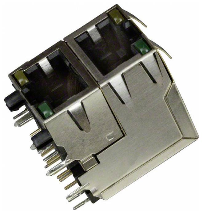 'Et par metallic RJ45-netværksstik med loddebenene, brugt til netværksforbindelser på elektroniske kredsløbskort.'