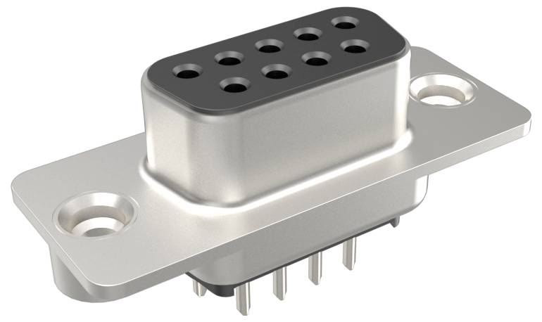 En ni-ben metalelektrisk stik, ofte brugt i computer- og kommunikationsudstyr, vises fra en tre-kvarts vinkel.
