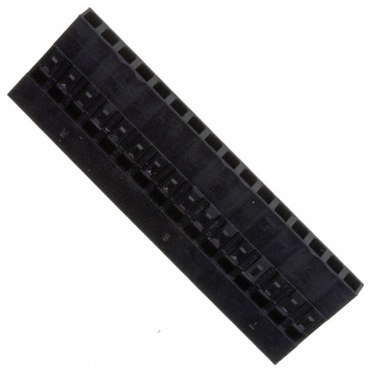'En 20-position sort hun-stikforbinder til båndkabler, der viser to rækker af 10 slots, set fra et vinklet ovenfra-perspektiv.'