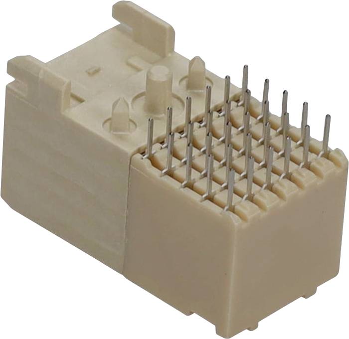 En beige plastikstik med to rækker metalben, som typisk bruges i elektronisk udstyr til sikre forbindelser.