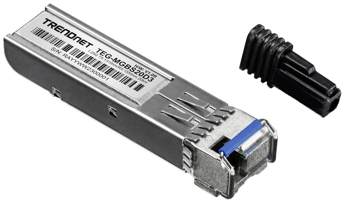 Et SFP-modul mærket 'TRENDnet TEG-MGBSX'. Det bruges til udvidelse af netværksenheder. Ved siden af modulet ligger en plastikdæksel.