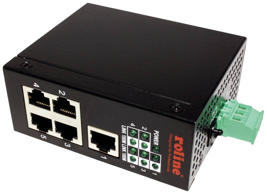 En sort Roline netværksswitch med fire Ethernet-porte og grønne statuslamper for netværksforbindelsen.