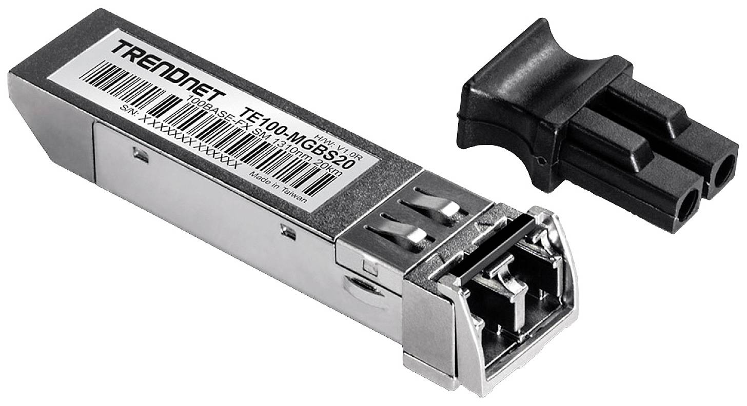 En sølvfarvet glasfibertransceiver fra TRENDnet med modelnummer TE100-MGBSX, ved siden af en aftagelig sort stikforbindelse.