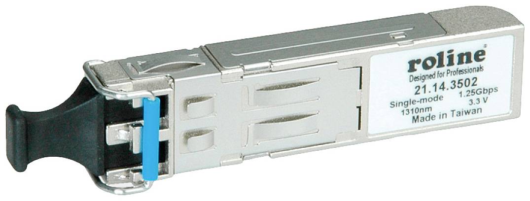 Et optisk transceiver-modul mærket 'roline'. På siden ses tekniske specifikationer, herunder 'single-mode' og '1,25 Gbps'.