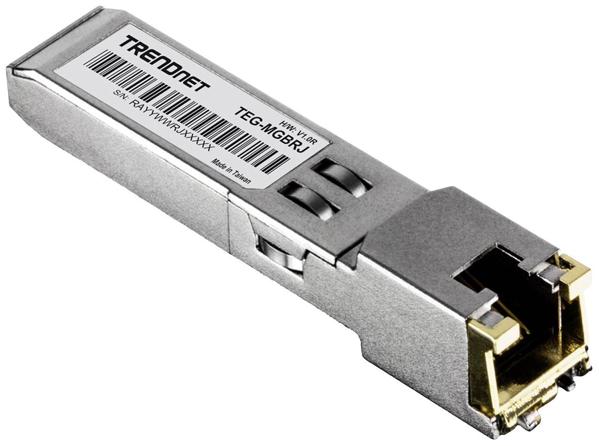 En sølvfarvet netværks-transceiver med påskriften 'TRENDnet TEG-MGBR'. Den har et gyldent stik i den ene ende.