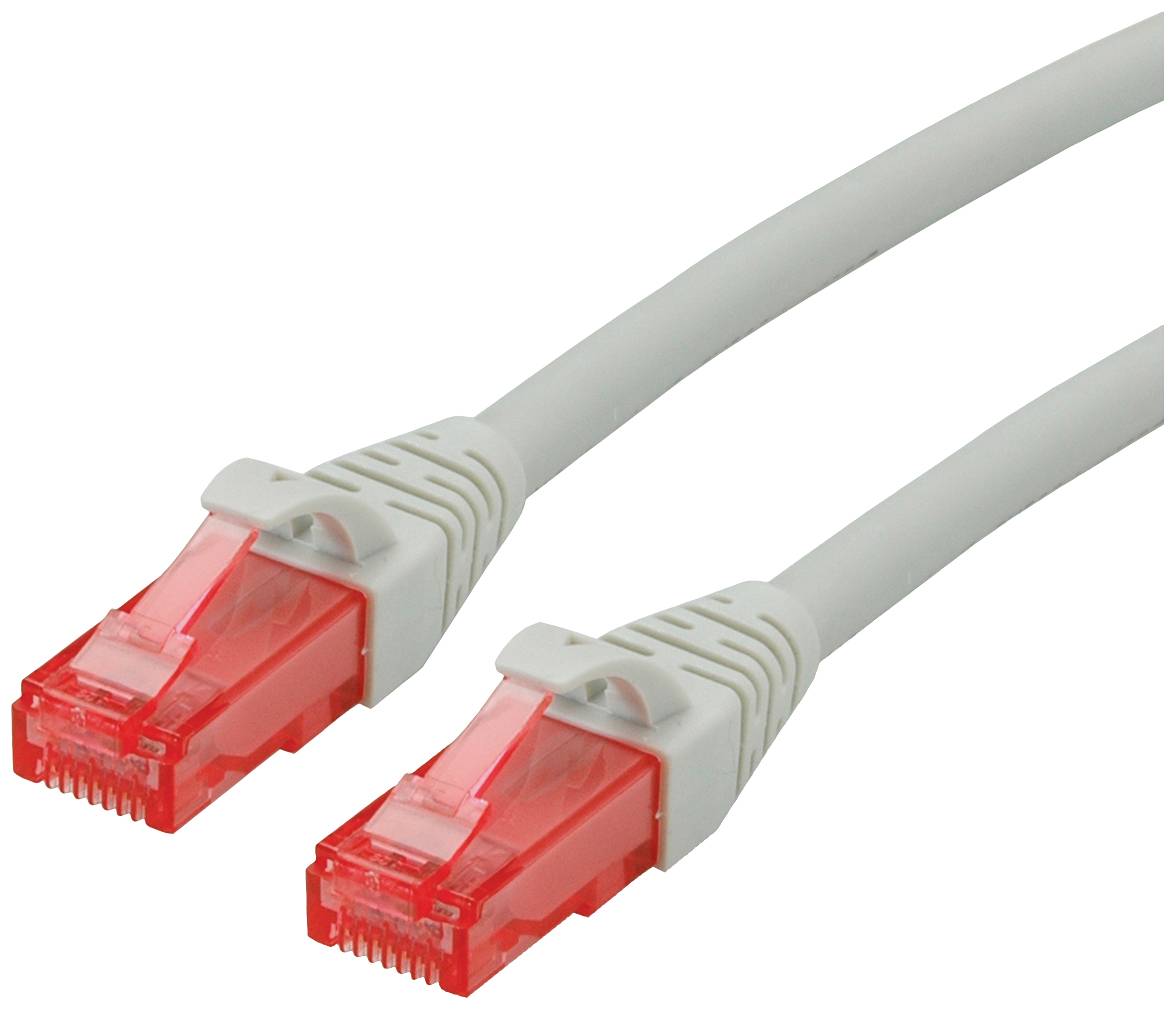 To gråe Ethernet-kabler med røde stik.