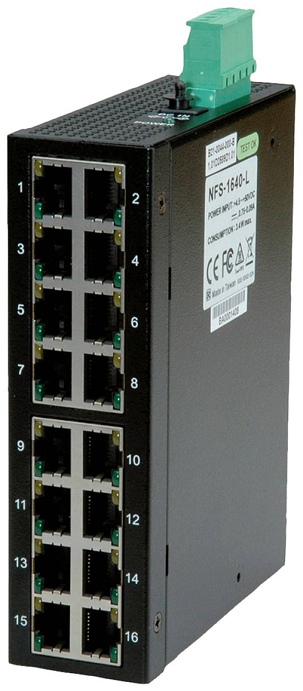 En netværksswitch med 16 Ethernet-porte, vist i et rektangulært, sort kabinet med nummererede tilslutninger.