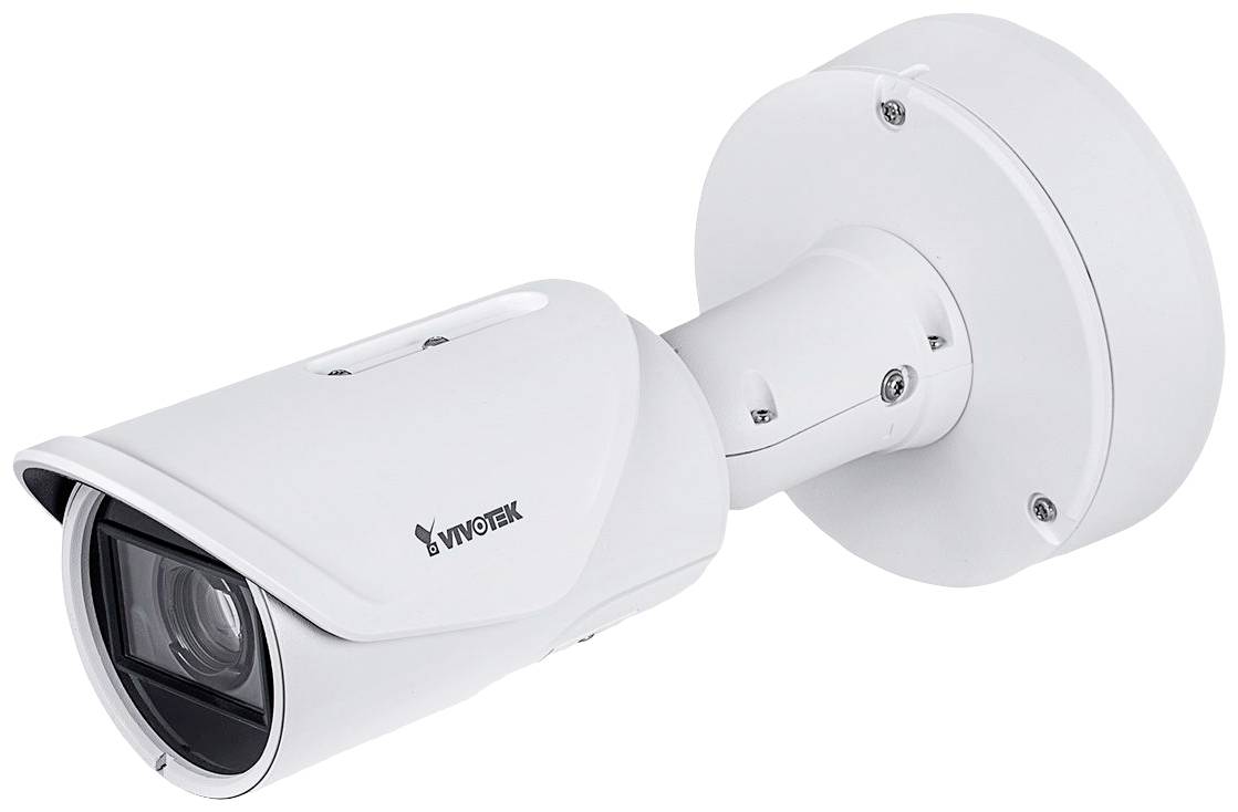 Hvid overvågningskamera med let afrundet rektangulær kabinet og cylindrisk holder, monteret på svingbart beslag.