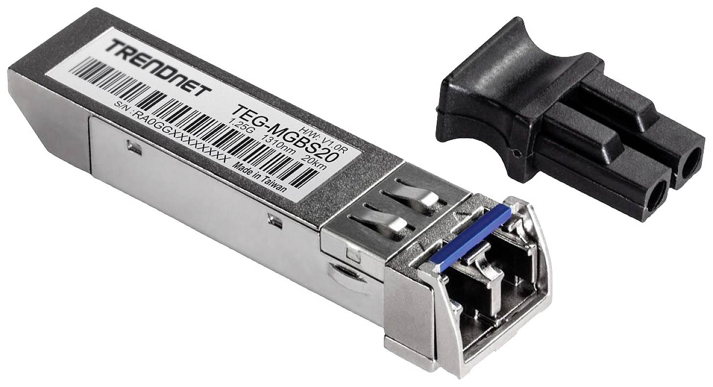 Optisk SFP-modul-transceiver fra TRENDnet med stik og aftagelig plastikdæksel, bruges til dataoverførsel.