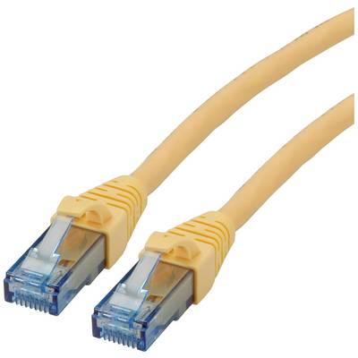 Et gult Ethernet-kabel med to blå RJ45-stik, som bruges til at forbinde netværksenheder.