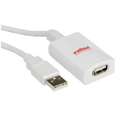USB-kabel og adapter, hvid, mærke 'roline'. Adapter med USB-stik og teksten 'Den rette forbindelse'.