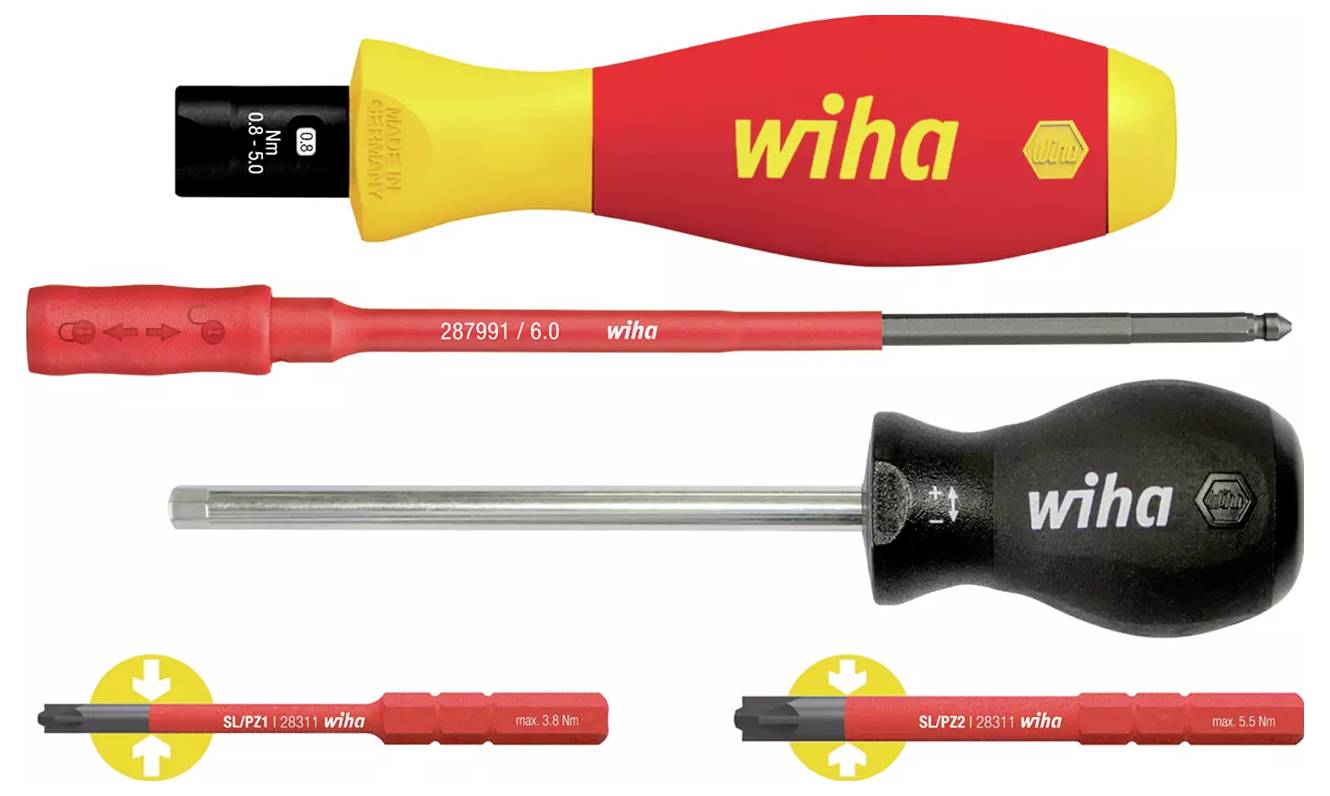 Et sæt Wiha-mærke værktøjer, herunder ergonomiske skruetrækker med udskiftelige spidser, med røde og sorte håndtag.