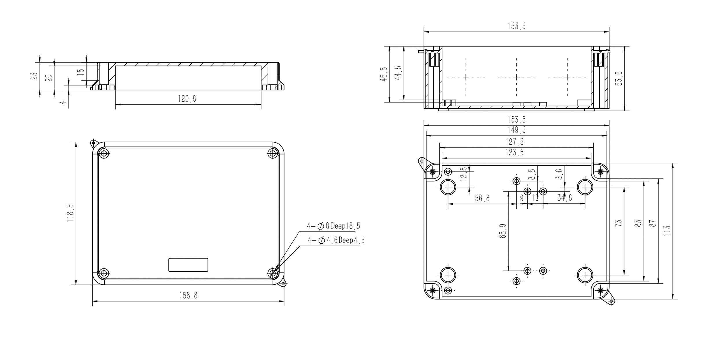 Teknisk tegning af et rektangulært hus med dimensioner i millimeter. For-, side- og bundvisning med skruepositioner.