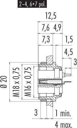 Teknisk tegning af en cylindrisk stikforbindelsesenhed med mål i millimeter, der viser specifikke afstande og gevinddetaljer.