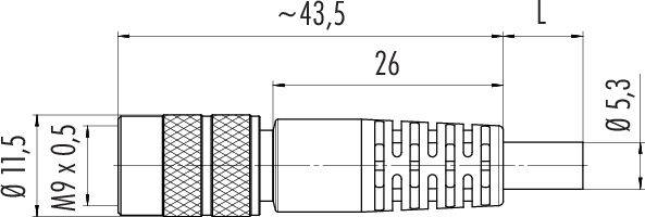 Teknisk tegning af en cylindrisk stikforbinder med mål: Længde 43,5 mm, diameter 11,5 mm, gevind M9 x 0,5 mm.