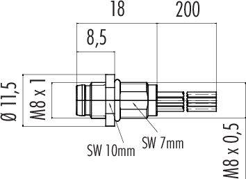 Teknisk tegning af en cylinder med dimensioner 18 mm og 200 mm længde, diameter 11,5 mm. Detaljer om gevind M8 x 1 og M8 x 0,5.