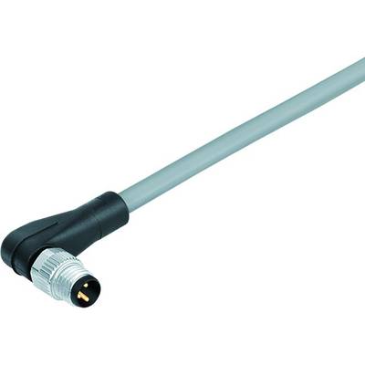 Et vinklet, grå M12-stikkabel med metalforbindelse, egnet til industrielle anvendelser.