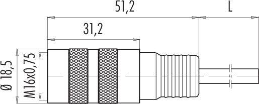Teknisk tegning af et stik med dimensioner. Diameteren er 18,5 mm, den samlede længde 51,2 mm, gevind M16x0,75.