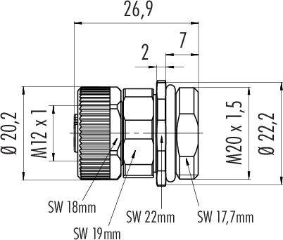 Teknisk tegning af en gevindadapter med M12 x 1 og M20 x 1,5. Dimensioner: SW 18 mm, 19 mm, 22 mm, 17,7 mm, samlet længde 26,9 mm.