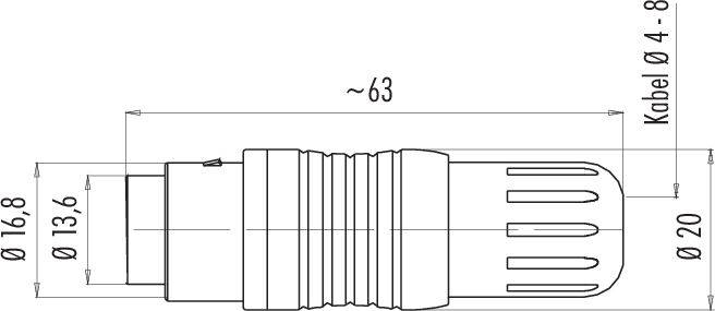 Teknisk tegning af et stik: Længde ca. 63 mm, diameter 16,8 mm, kabelstykkediameter 4-8 mm. Detaljerede målangivelser.