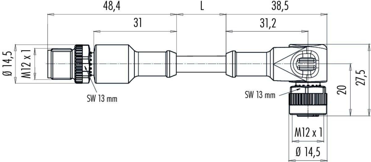 Teknisk tegning af en kabelstikforbindelse med mål: Samlet længde 'L', diameter 'Ø 14,5', gevindstørrelse 'M12 x 1', nøglevidde 'SW 13 mm'.