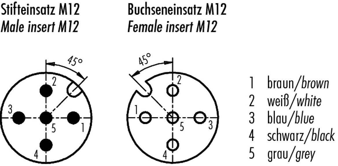 'M12 stikbetegnelse: M12 stikben (han), M12 stikdåse (hun) med 5-polet tilslutning. Farvet kabelnummerering: 1 brun, 2 hvid, 3 blå, 4 sort, 5 grå.'